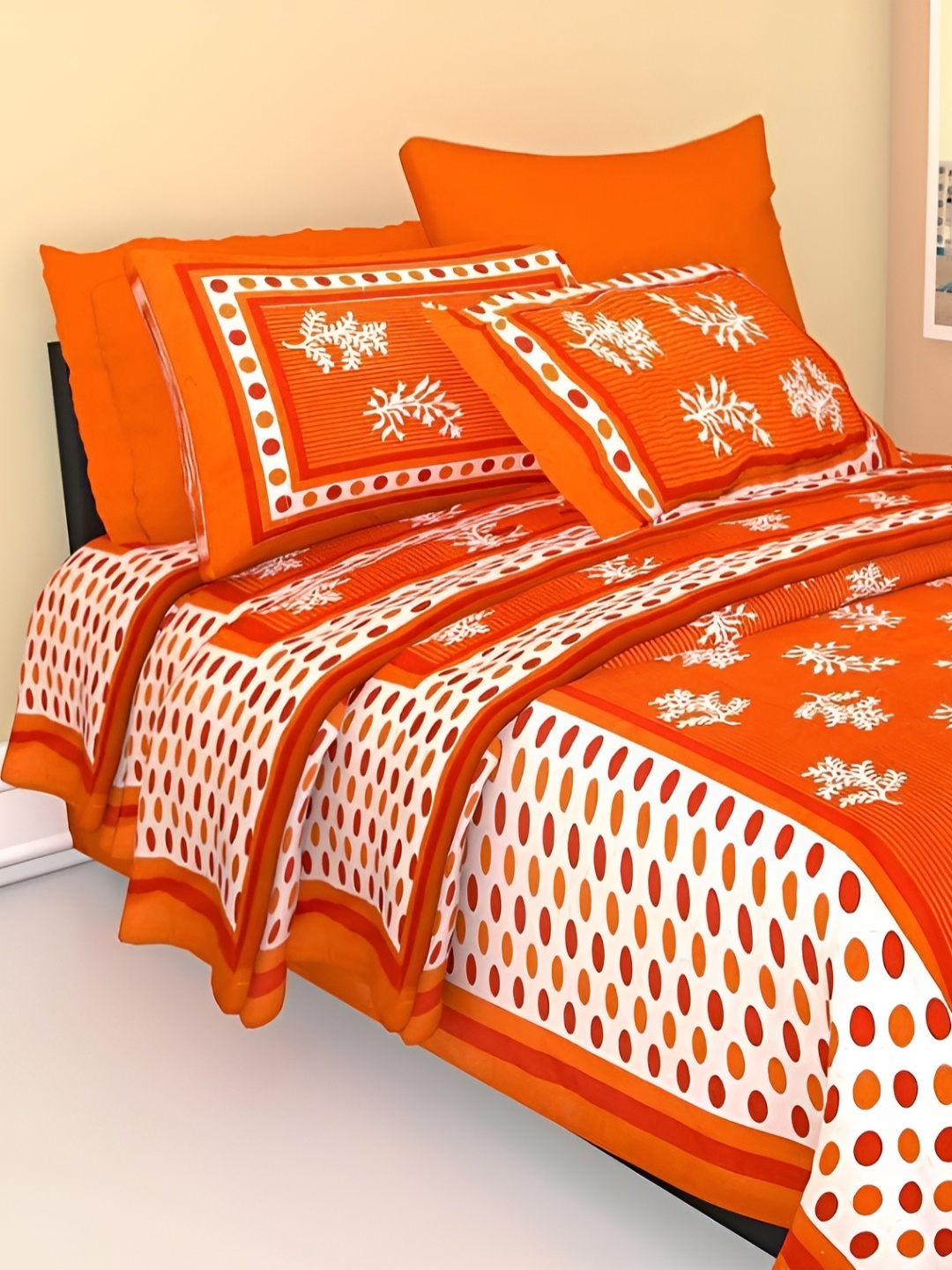 

UBANIA COLLECTION Orange Floral Cotton 144 TC Single Bedsheet with Pillow Cover