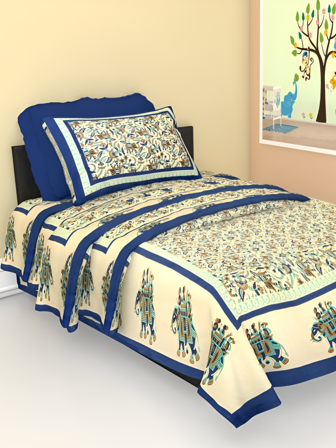 

UBANIA COLLECTION Blue Floral Cotton 144 TC Single Bedsheet with 1 Pillow Cover