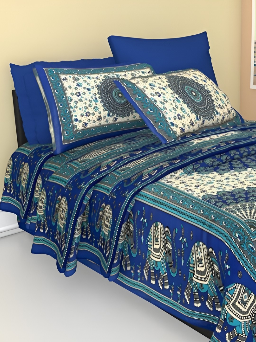 

UBANIA COLLECTION Blue & Green Printed Cotton 144 TC Single Bedsheet With 1 Pillow Cover