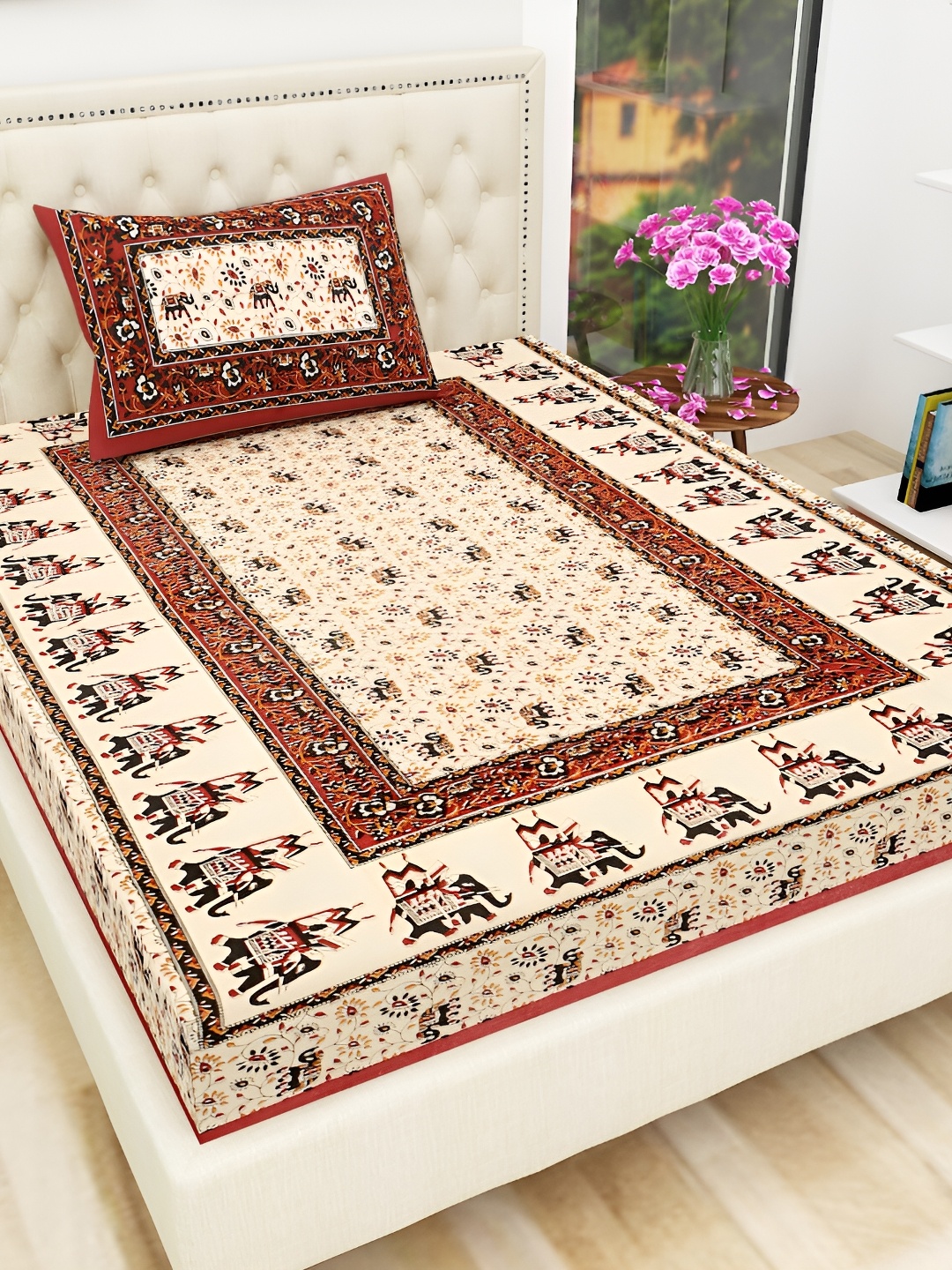 

UBANIA COLLECTION Maroon Printed 144 TC Single Bedsheet with 2 Pillow Covers