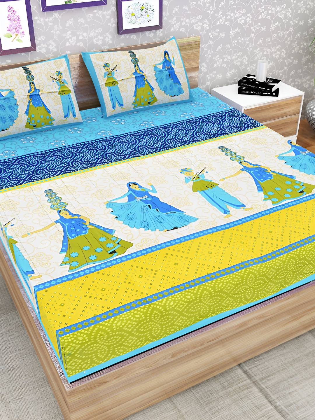 

UBANIA COLLECTION Green & Blue Printed Cotton 144 TC Queen Bedsheet With 2 Pillow Covers