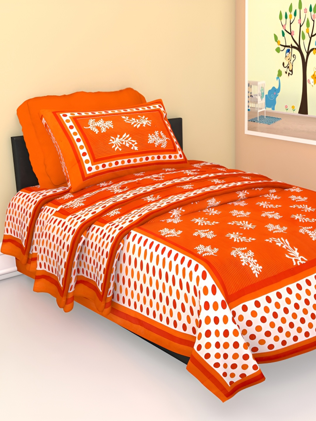 

UBANIA COLLECTION Orange Printed 144 TC Single Bedsheet with 2 Pillow Covers