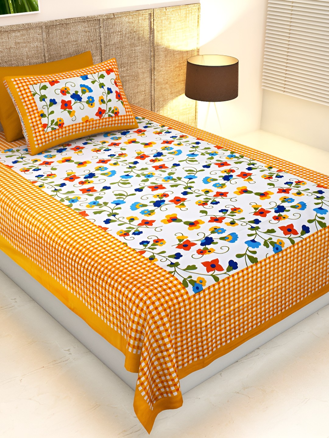 

UBANIA COLLECTION Yellow & White Printed Cotton 144 TC Single Bedsheet 1 Pillow Cover