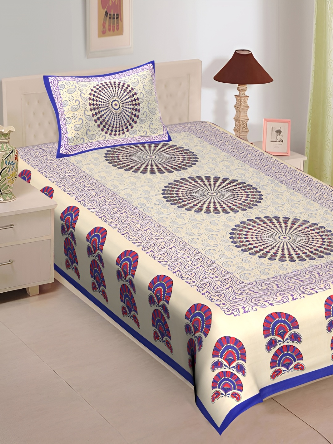 

UBANIA COLLECTION Blue & White Ethnic Motifs 144 TC Single Bedsheet Set