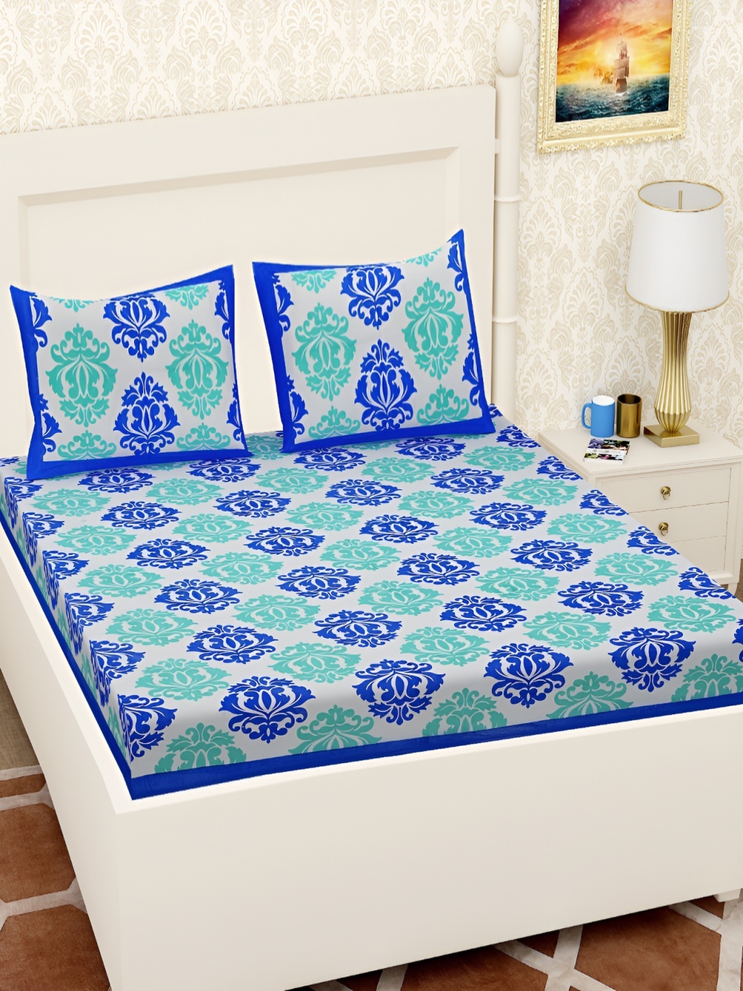 

UBANIA COLLECTION Blue Printed 144 TC Queen Bedsheet with 2 Pillow Covers