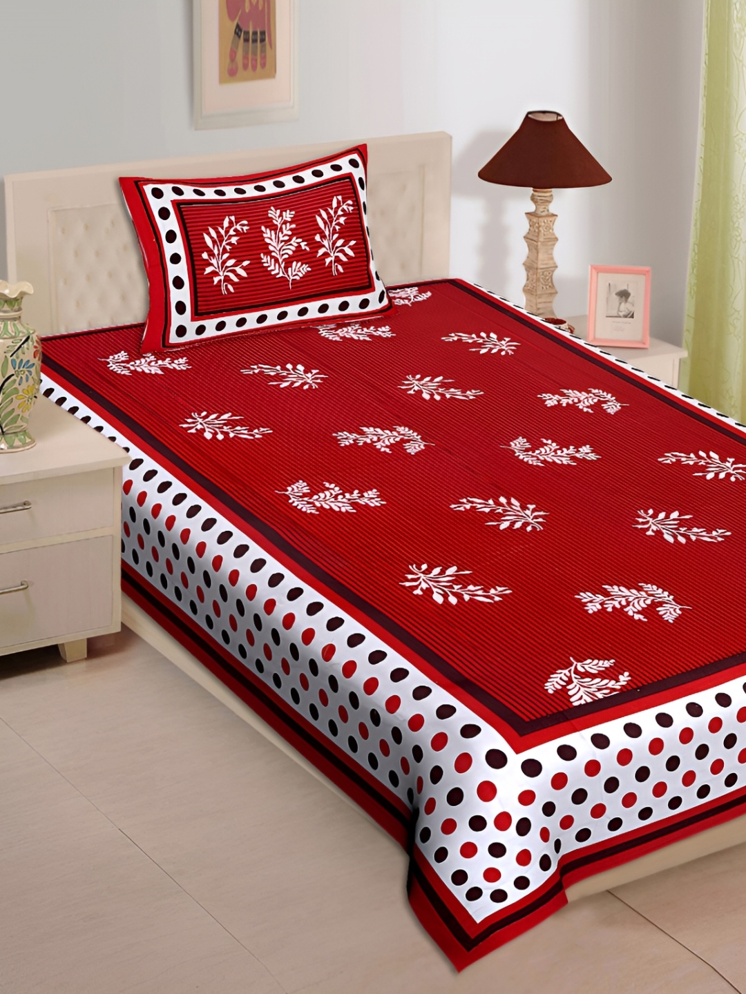 

UBANIA COLLECTION Red Floral Cotton 144 TC Single Bedsheet with 1 Pillow Cover