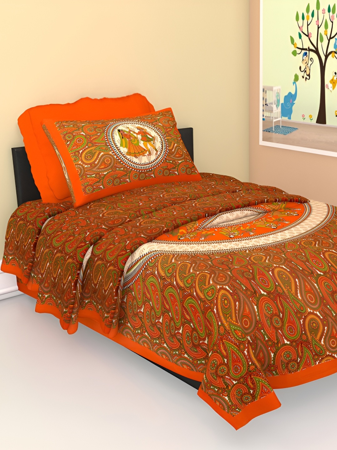 

UBANIA COLLECTION Orange & Brown Printed Cotton 144 TC Single Bedsheet With Pillow Cover