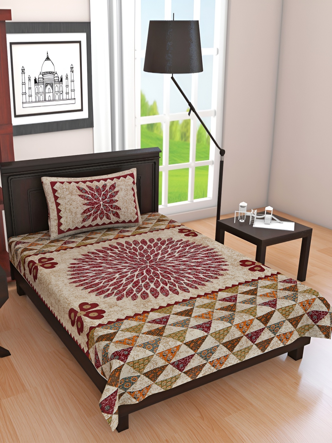 

UBANIA COLLECTION Maroon Floral Cotton 144 TC Single Bedsheet with Pillow Cover