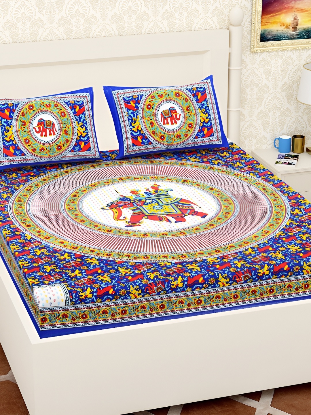 

UBANIA COLLECTION Blue Printed 144 TC Queen Bedsheet with 2 Pillow Covers