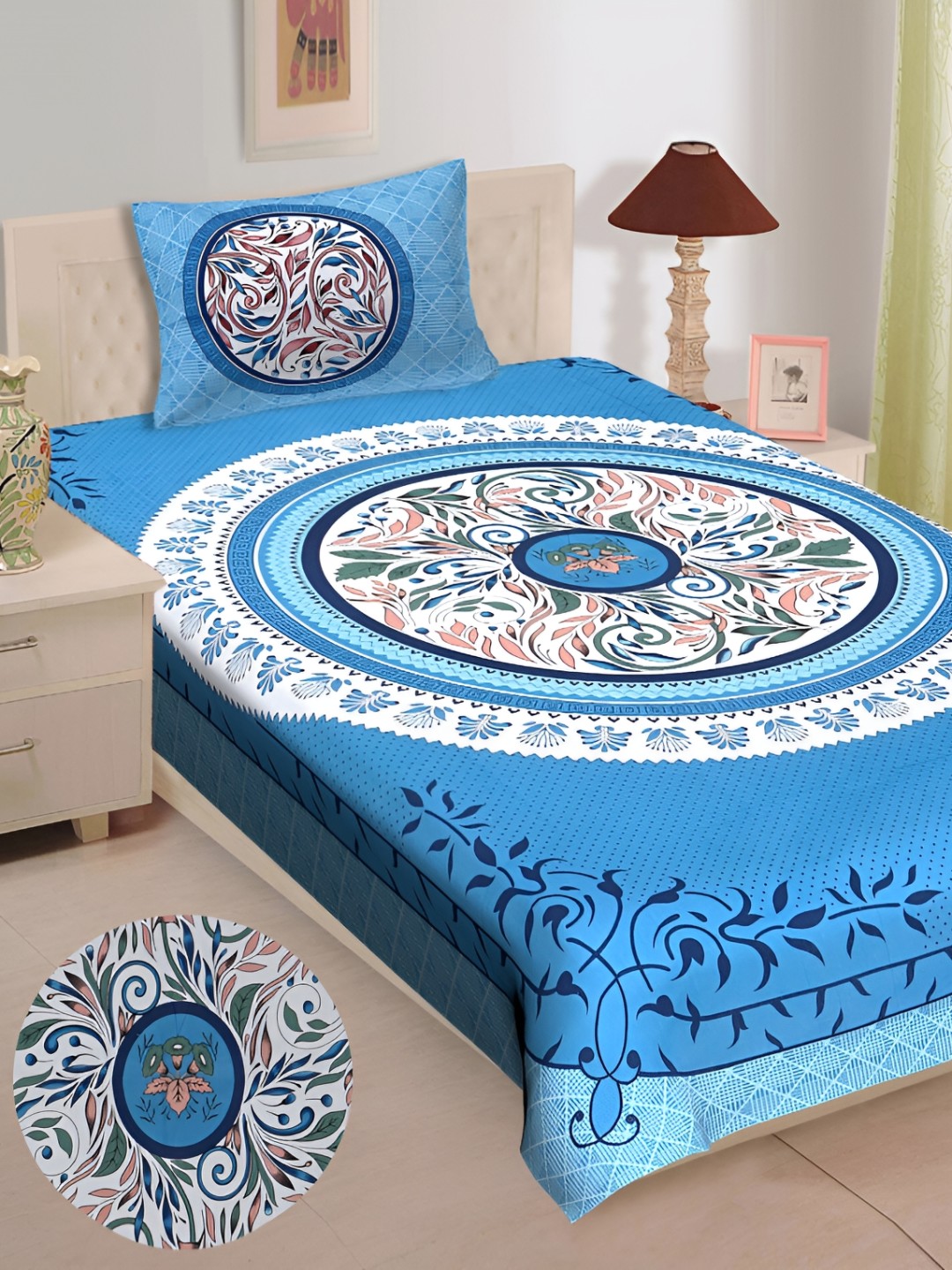 

UBANIA COLLECTION Blue Ethnic Motifs 144 TC Single Bedsheet Set