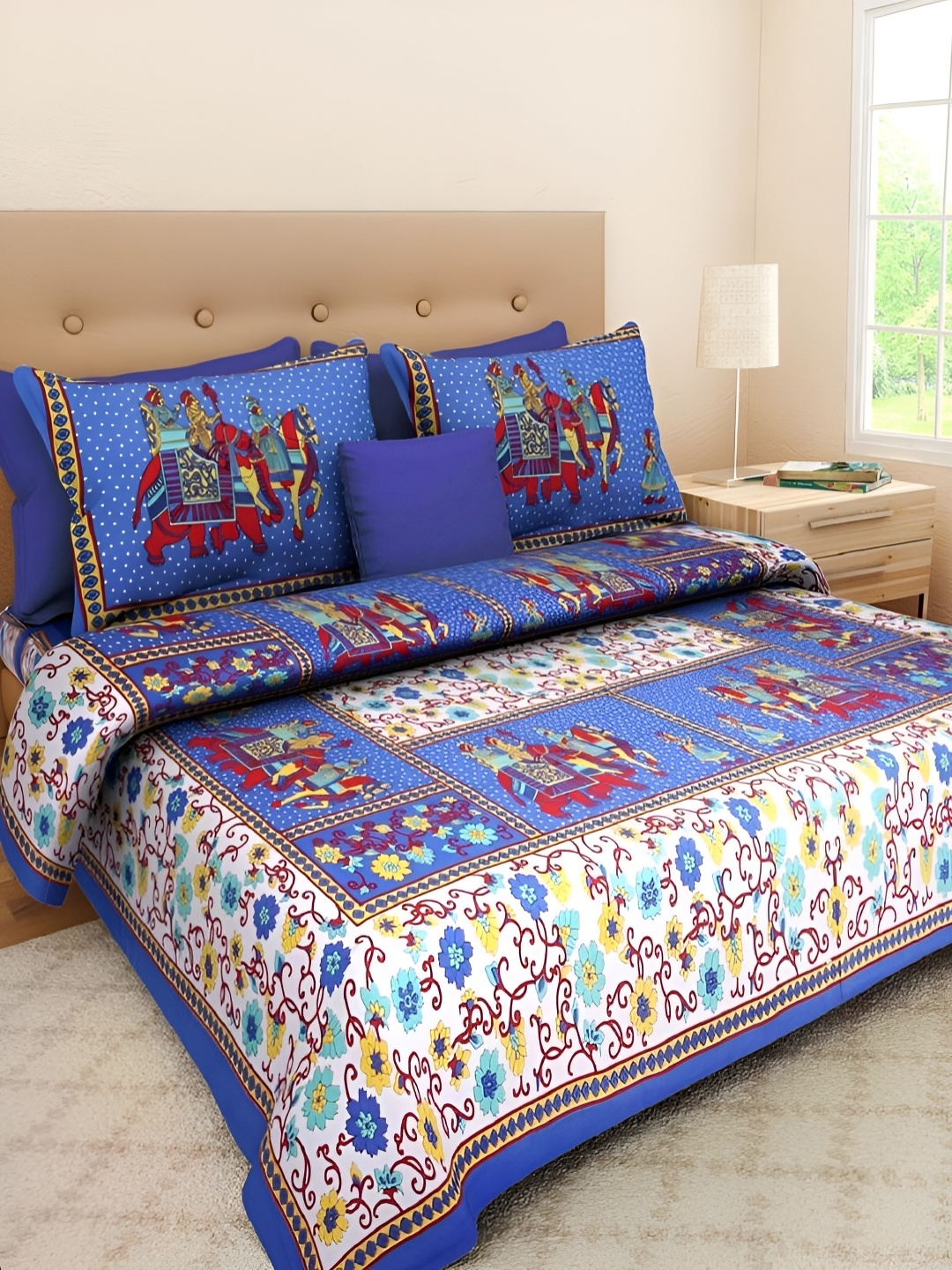 

UBANIA COLLECTION Blue & Red PrintedCotton 144 TC Queen Bedsheet With 5 Pillow Covers