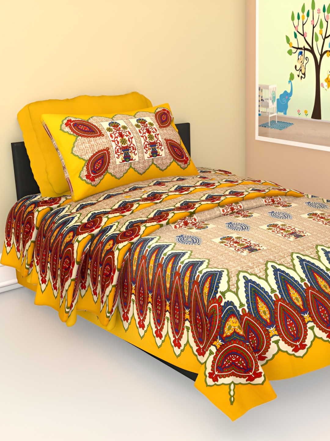 

UBANIA COLLECTION Orange Floral Cotton 144 TC Single Bedsheet with 2 Pillow Covers