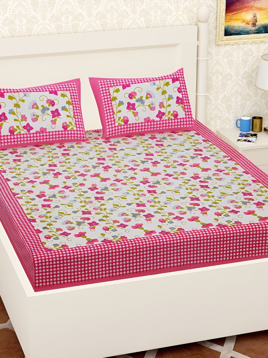 

UBANIA COLLECTION Pink Floral Printed 144 TC Queen Bedsheet Set
