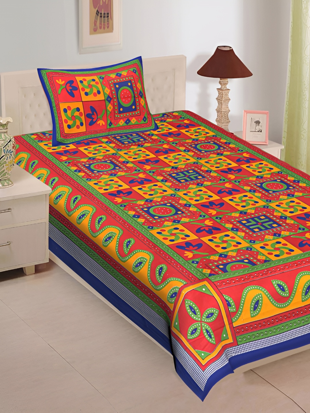 

UBANIA COLLECTION Blue & Yellow Printed 144 TC Single Bedsheet with 2 Pillow Covers