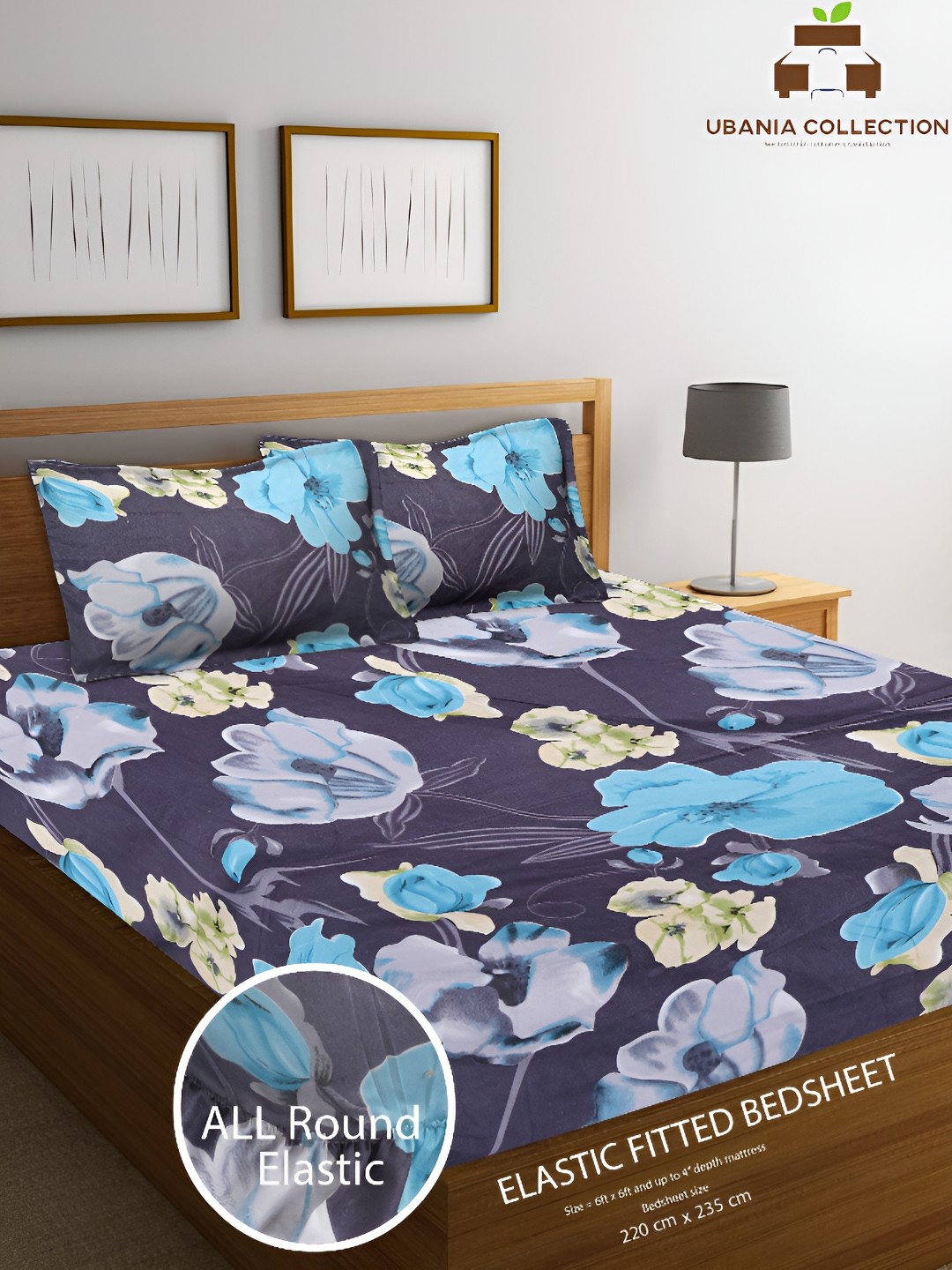 

UBANIA COLLECTION Blue Printed Cotton 144 TC Double Queen Bedsheet With 2 Pillow Covers
