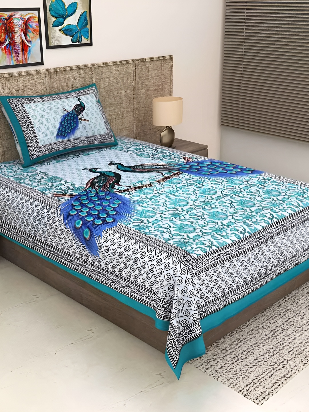 

UBANIA COLLECTION Green Floral Cotton 144 TC Single Bedsheet with Pillow Cover