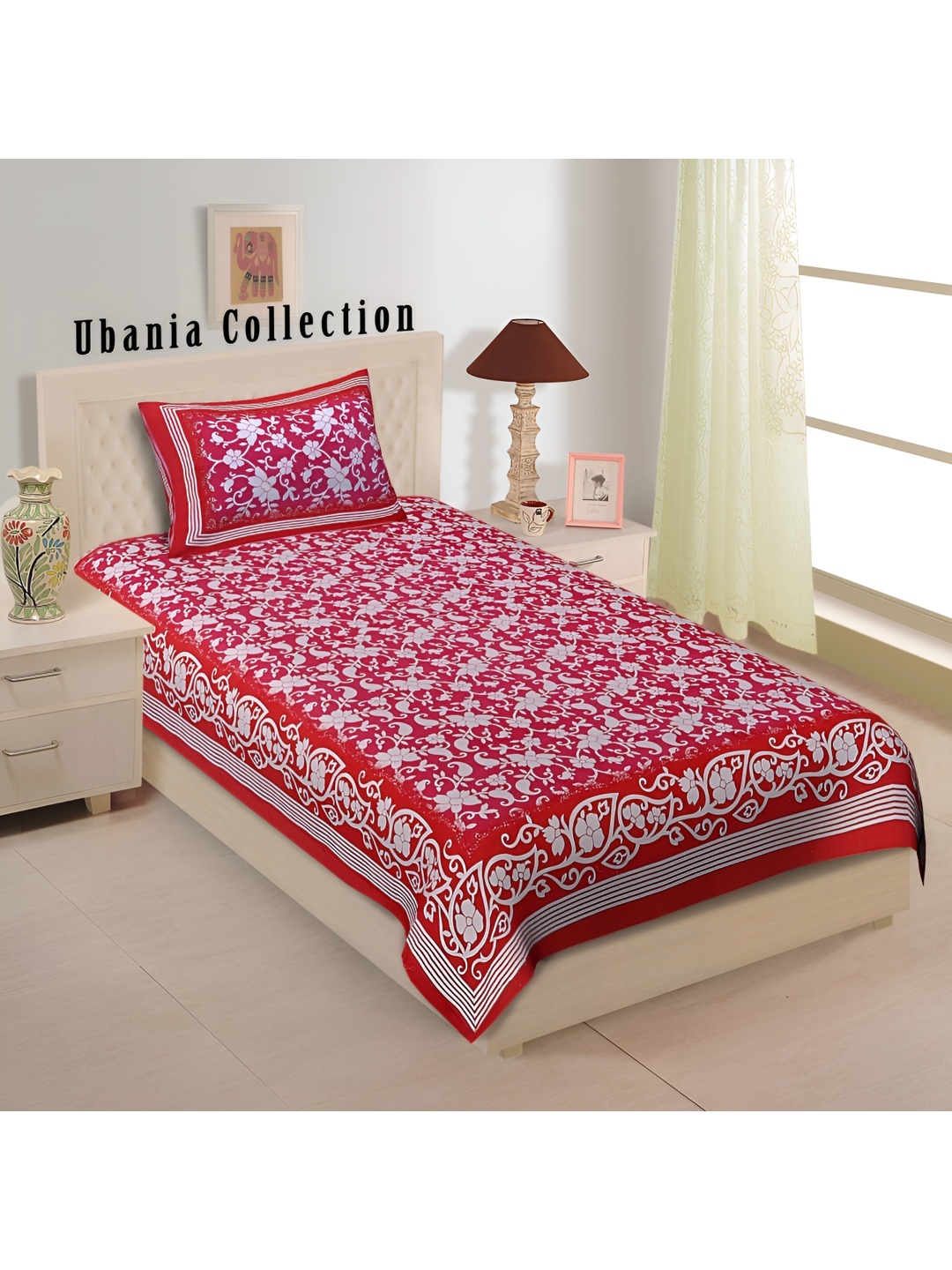 

UBANIA COLLECTION Red Printed 144 TC Single Bedsheet with 2 Pillow Covers