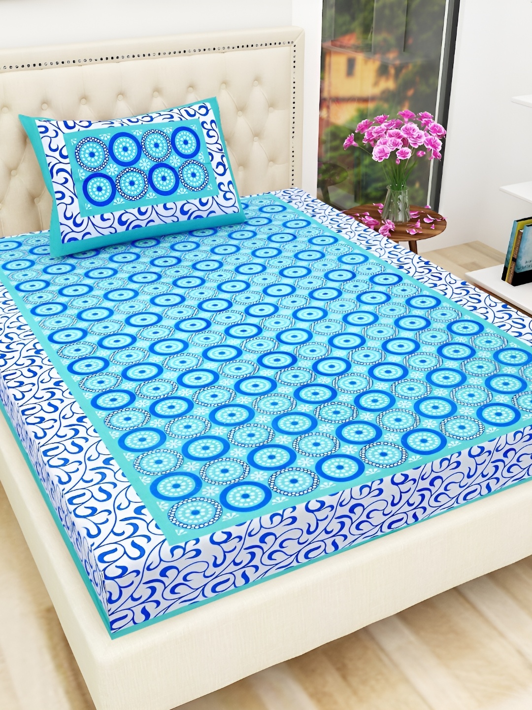 

UBANIA COLLECTION Blue & White Printed Cotton 144 TC Single Bedsheet With 1 Pillow Cover