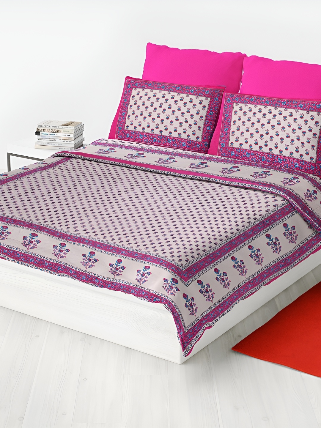 

UBANIA COLLECTION Pink Floral Cotton 144 TC Queen Bedsheet with 2 Pillow Covers