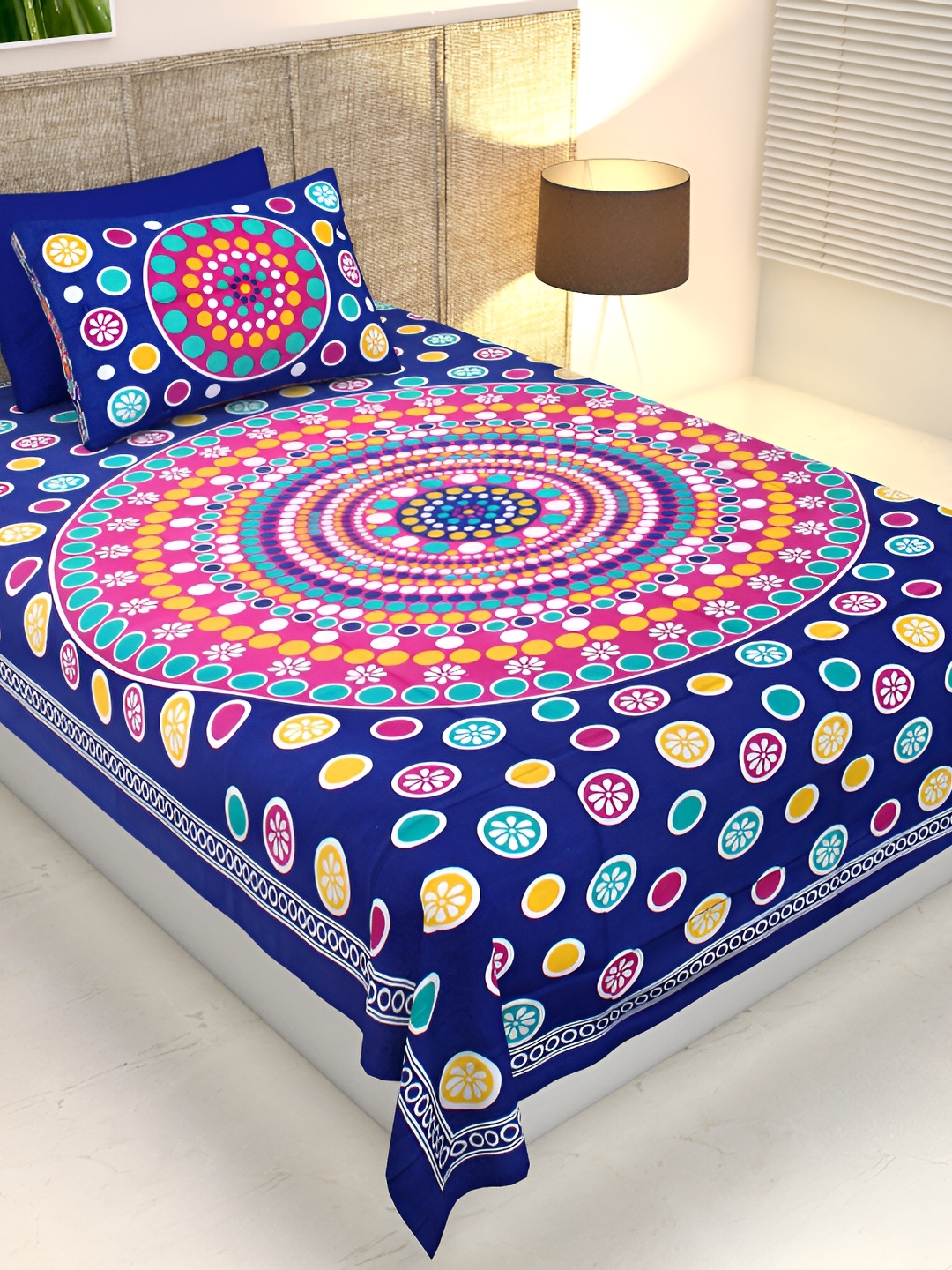 

UBANIA COLLECTION Blue Geometric Cotton 144 TC Single Bedsheet with Pillow Cover