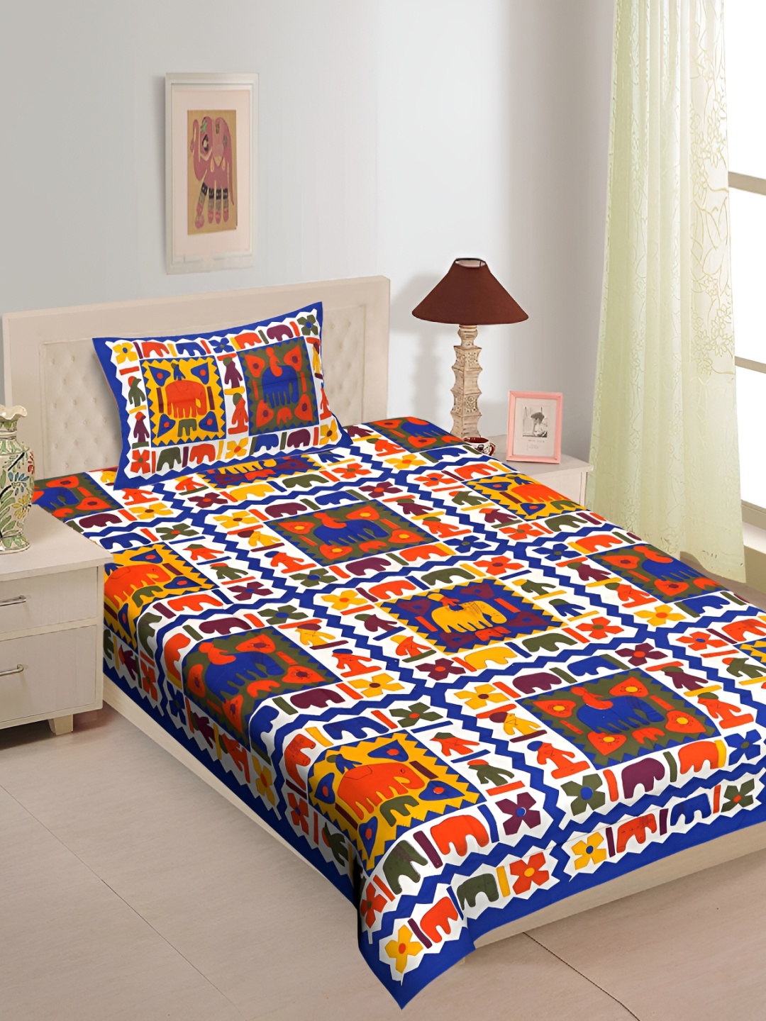

UBANIA COLLECTION Blue & Yellow Printed Cotton 144 TC Single Bedsheet 1 Pillow Cover