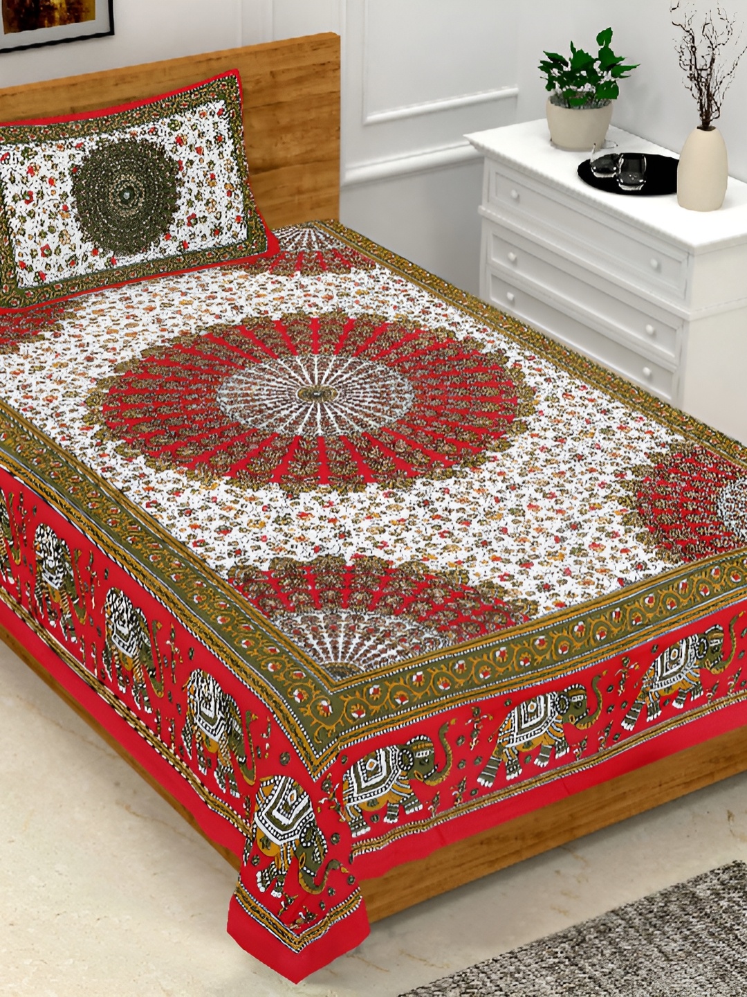 

UBANIA COLLECTION Red & White Printed Cotton 144 TC Single Bedsheet 1 Pillow Cover