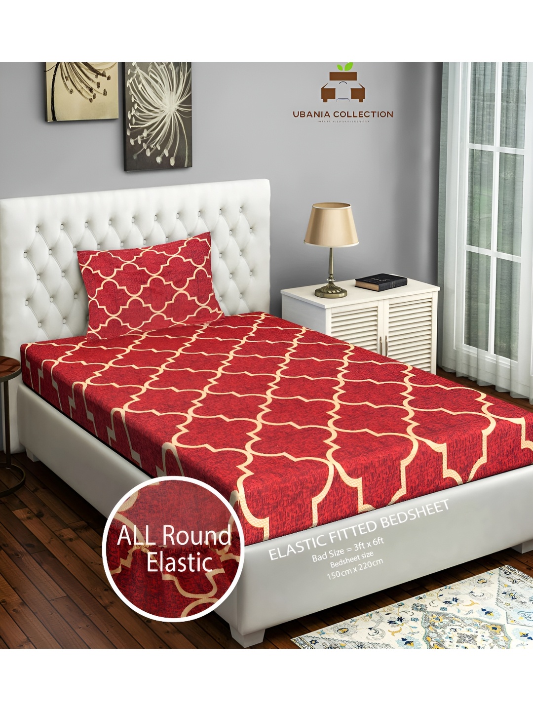 

UBANIA COLLECTION Red Abstract Cotton 144 TC Single Fitted Bedsheet with Pillow Cover