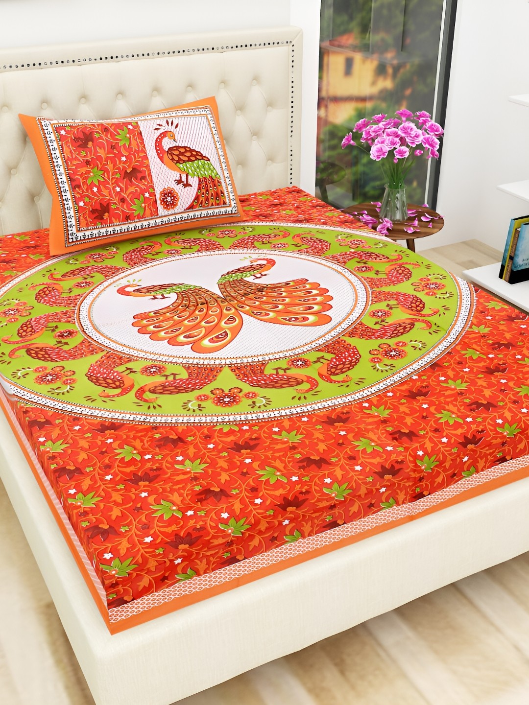 

UBANIA COLLECTION Red & Green Printed Cotton 144 TC Single Bedsheet With Pillow Cover