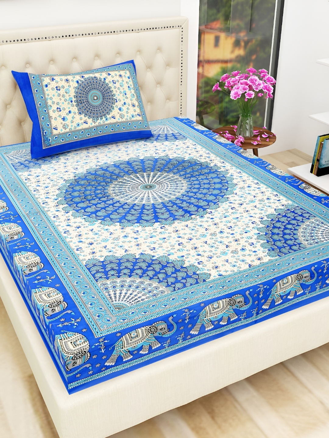 

UBANIA COLLECTION Blue Floral Cotton 144 TC Single Bedsheet with Pillow Cover