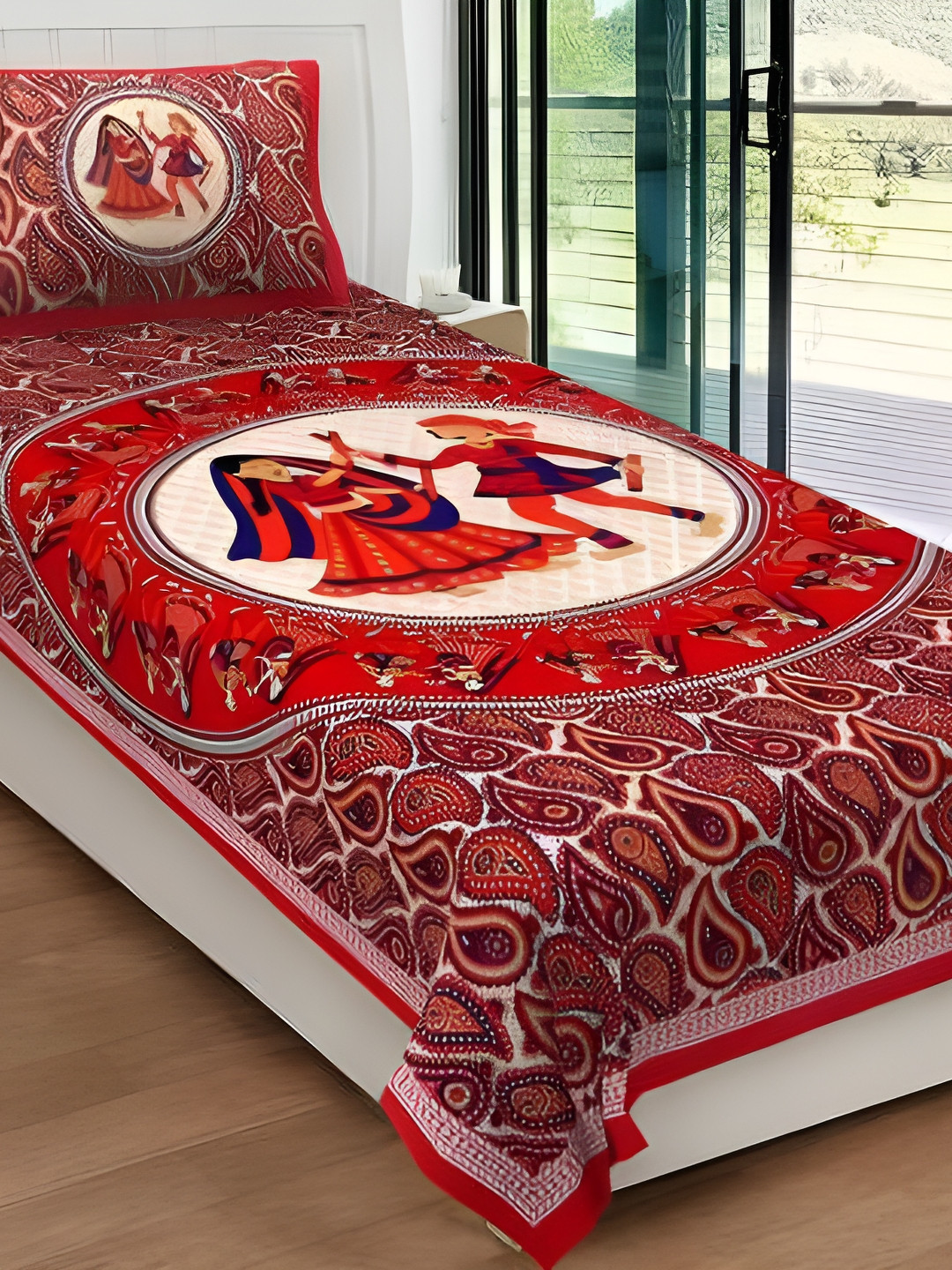 

UBANIA COLLECTION Red & Blue Printed Cotton 144 TC Single Bedsheet 1 Pillow Cover