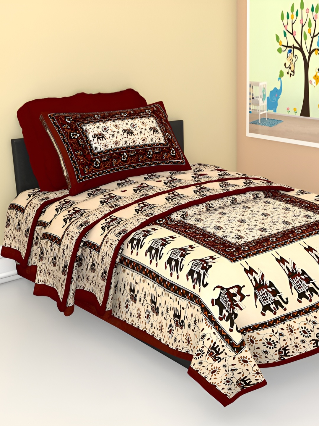 

UBANIA COLLECTION Maroon Floral Cotton 144 TC Single Bedsheet with 2 Pillow Covers