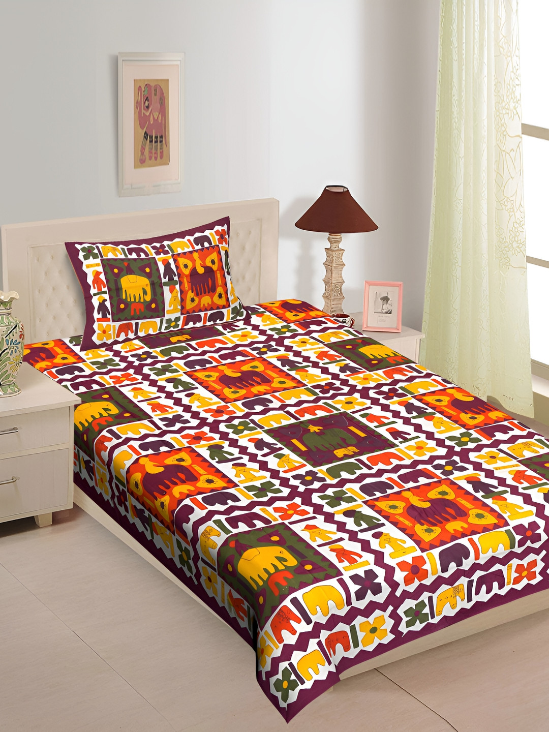 

UBANIA COLLECTION Maroon & White Printed Cotton 144 TC Single Bedsheet With Pillow Cover