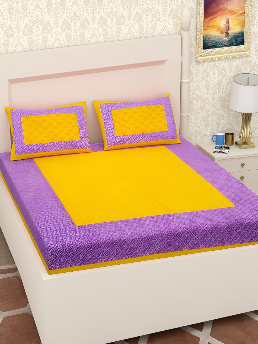 

UBANIA COLLECTION Yellow Ethnic Motifs 144 TC Queen Bedsheet Set