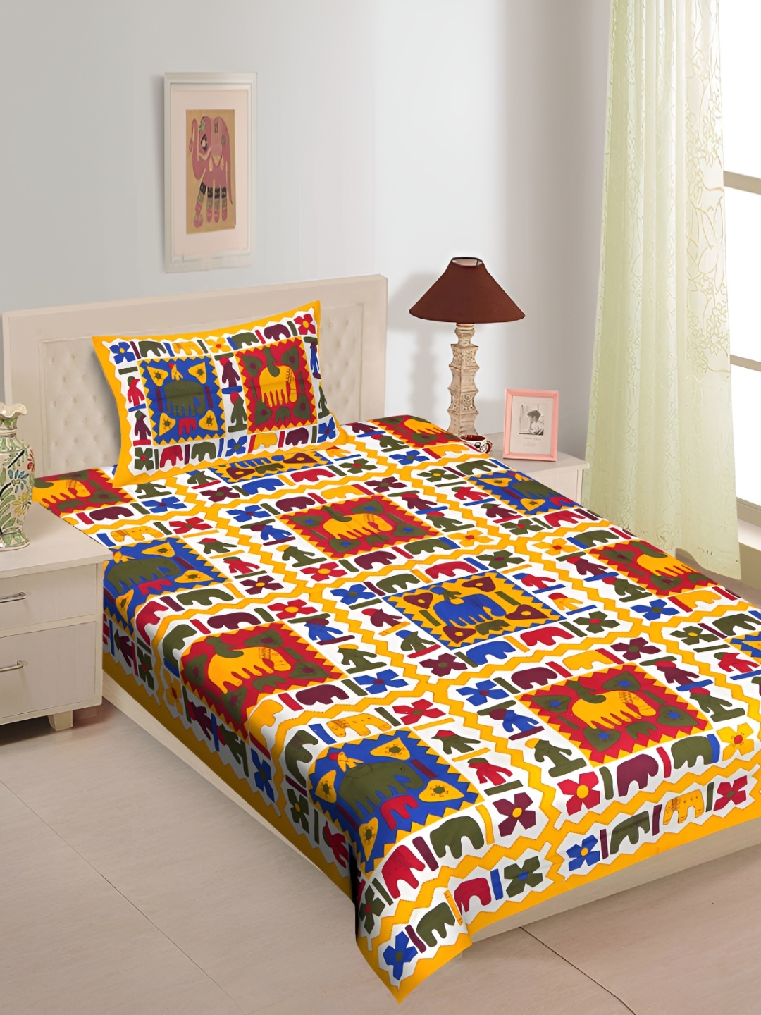 

UBANIA COLLECTION Yellow & White Printed Cotton 144 TC Single Bedsheet With Pillow Cover