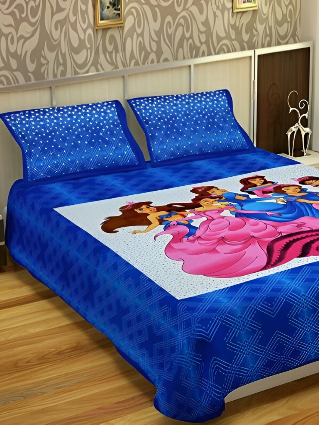 

UBANIA COLLECTION Blue Cartoon Characters Cotton 144 TC Queen Bedsheet & 2 Pillow Covers