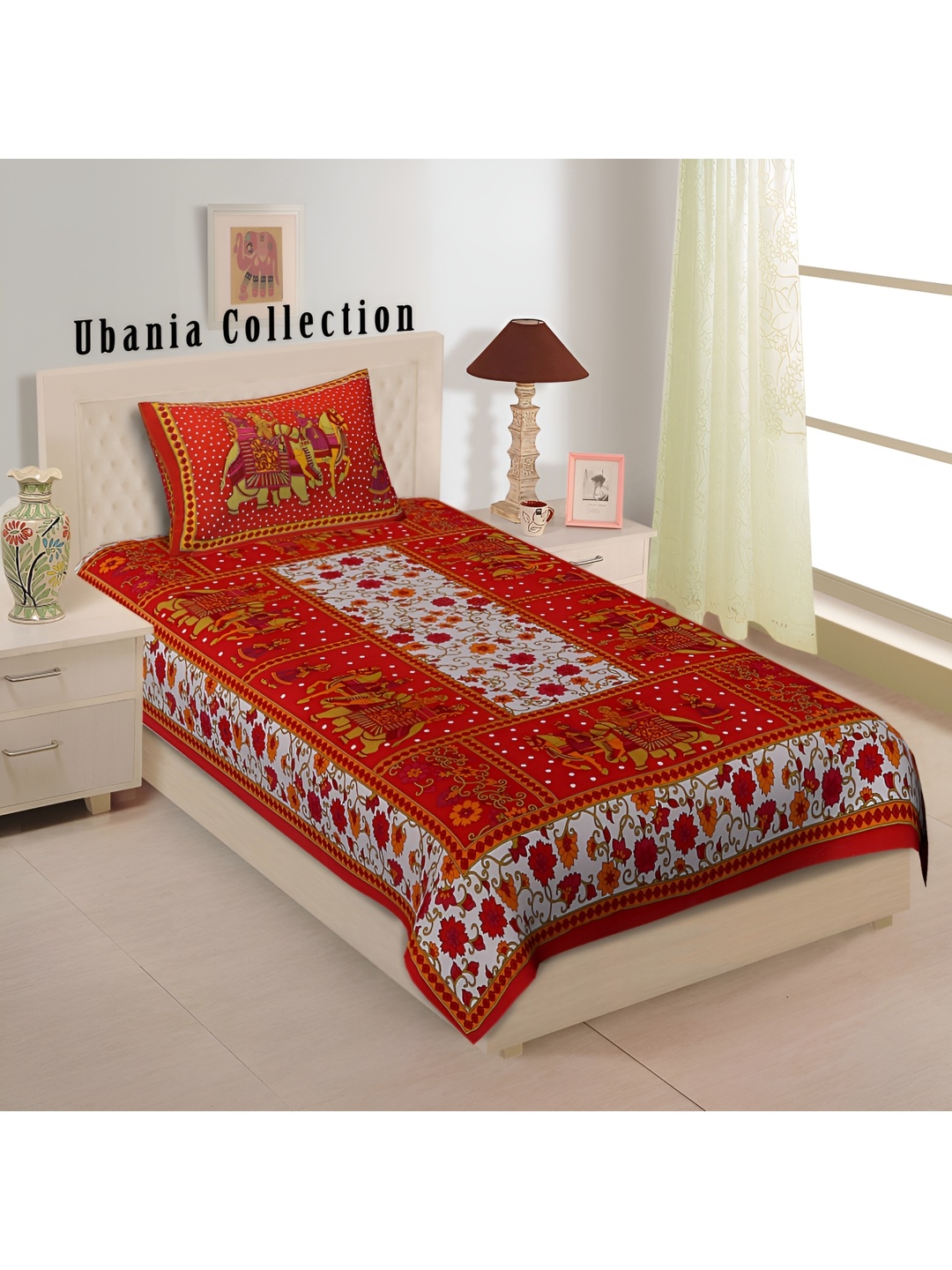 

UBANIA COLLECTION Red & White Printed Cotton 144 TC Single Bedsheet With Pillow Cover