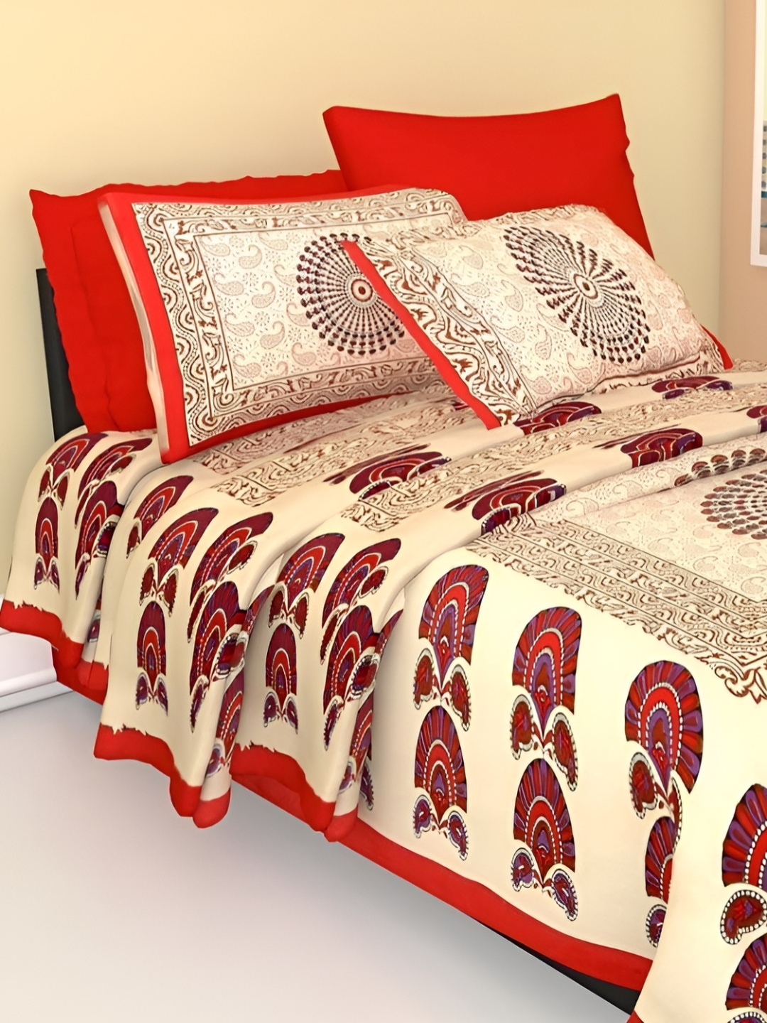 

UBANIA COLLECTION Red Printed 144 TC Cotton Single Bedsheet with 2 Pillow Covers