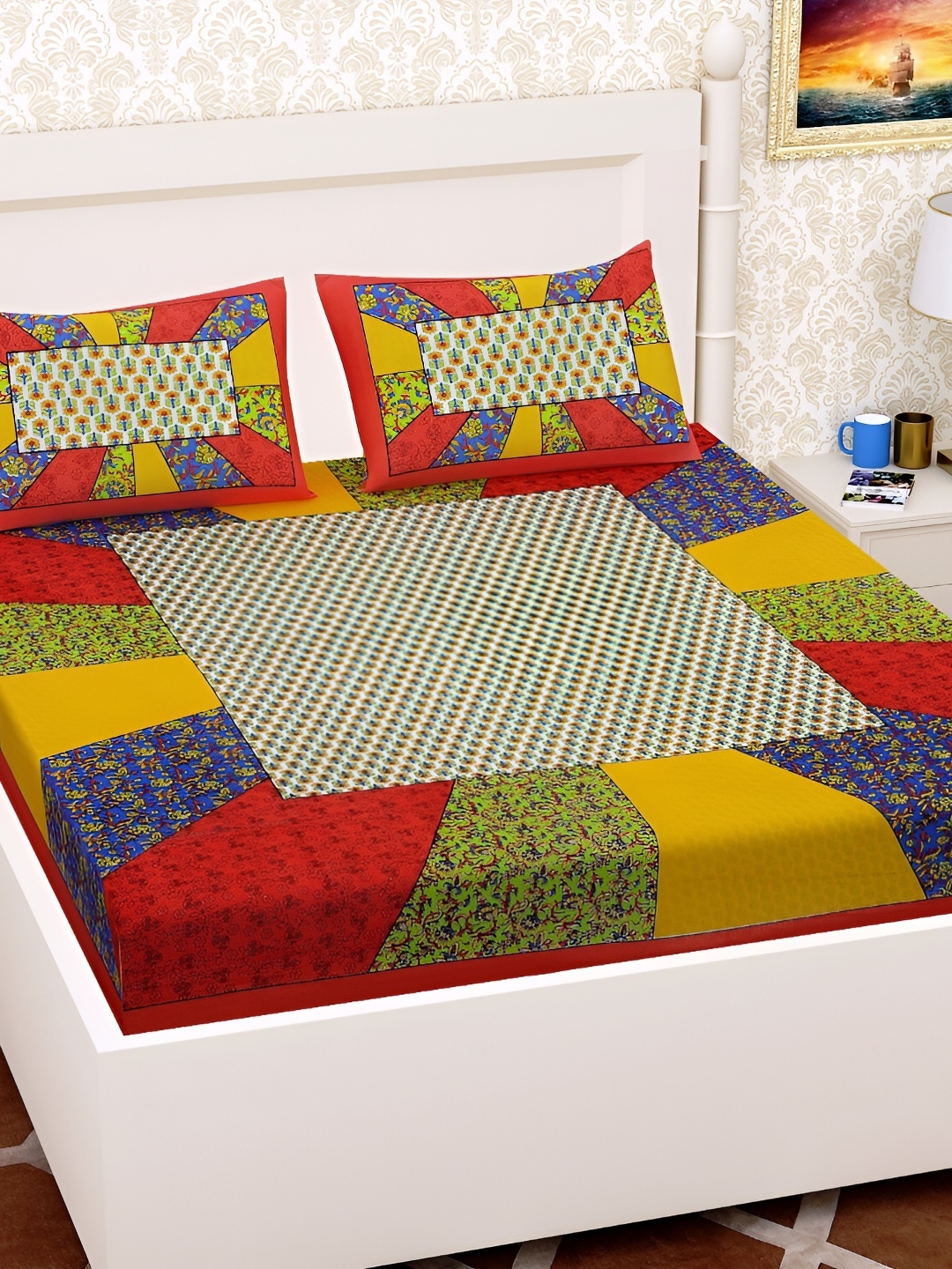 

UBANIA COLLECTION Red Geometric Cotton 144 TC Queen Bedsheet with 2 Pillow Covers