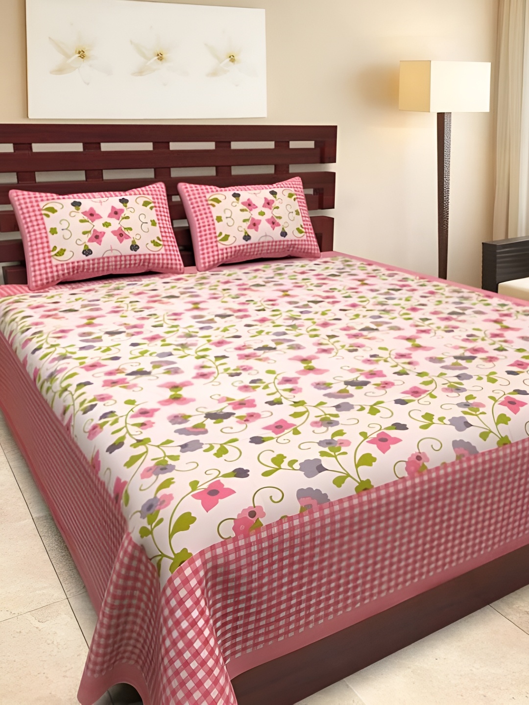 

UBANIA COLLECTION Pink Floral Cotton 144 TC Queen Bedsheet with 2 Pillow Covers