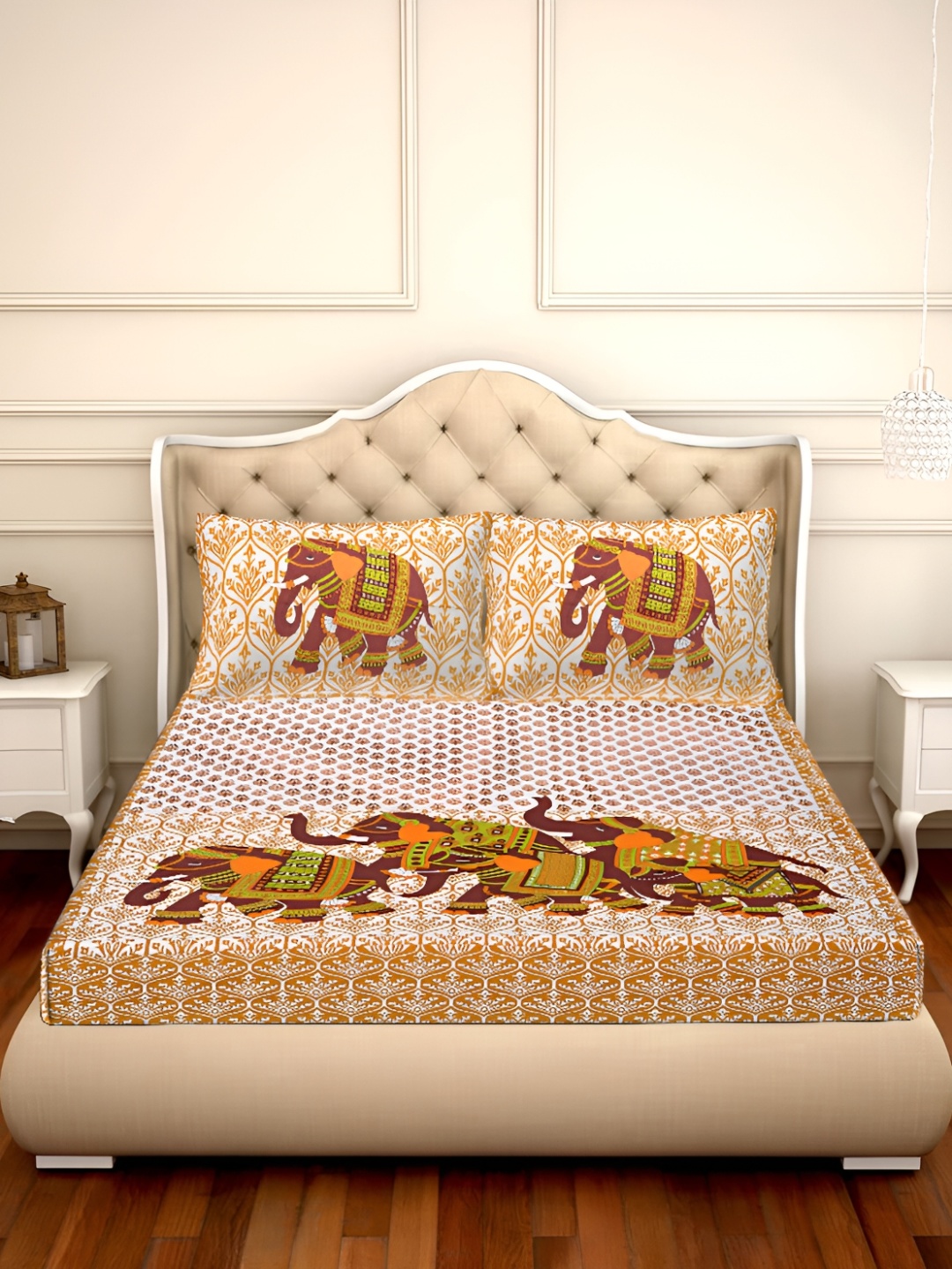 

UBANIA COLLECTION Orange Floral Cotton 144 TC Queen Bedsheet with 2 Pillow Covers