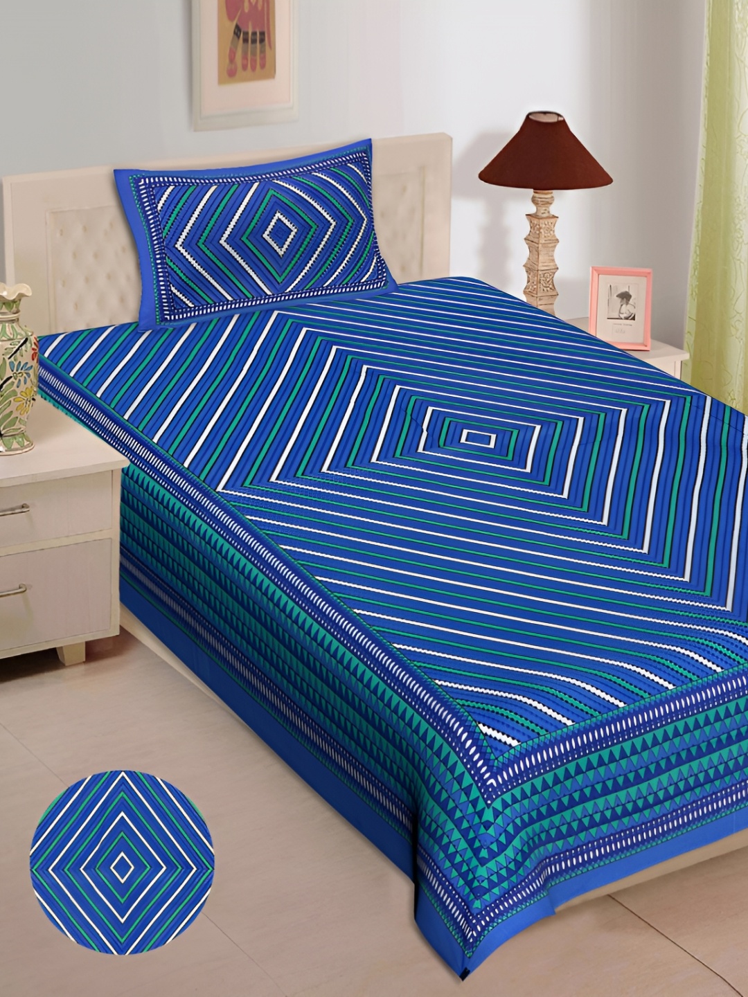

UBANIA COLLECTION Blue Geometric Cotton 144 TC Single Bedsheet with Pillow Cover