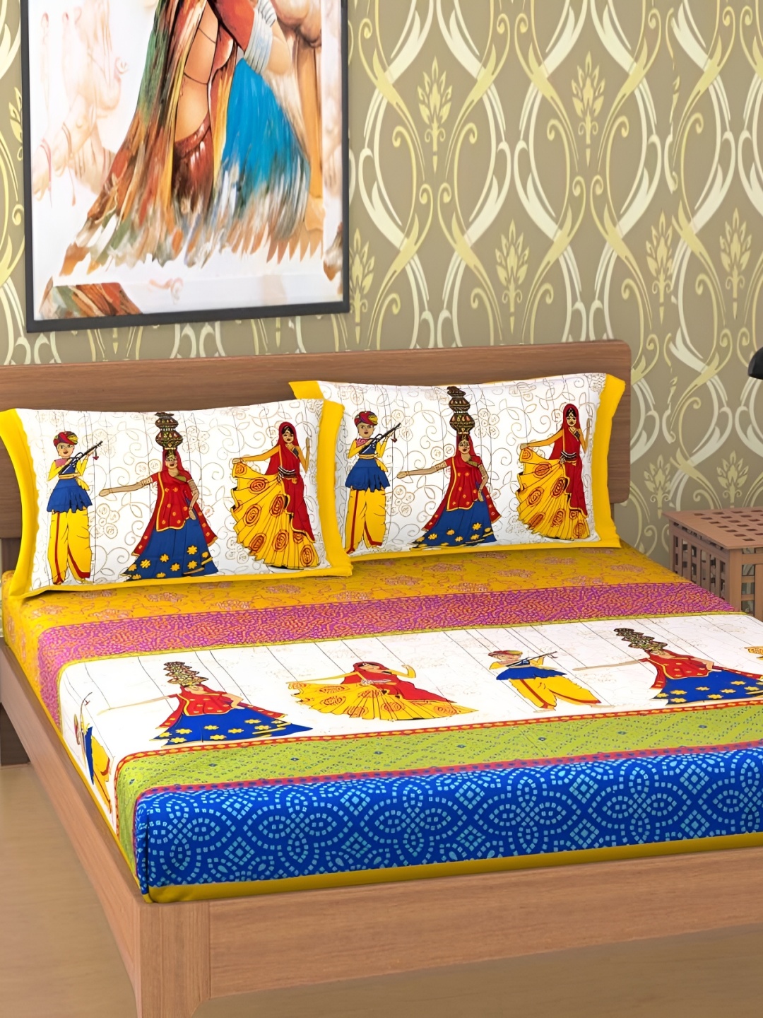 

UBANIA COLLECTION Yellow Floral Cotton 144 TC Queen Bedsheet with 2 Pillow Covers