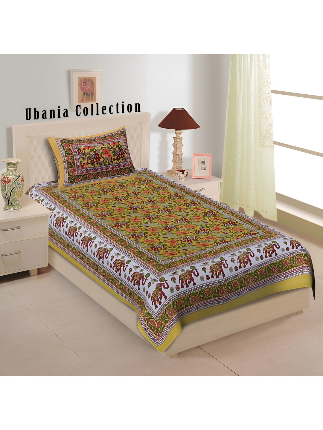 

UBANIA COLLECTION Yellow Printed 144 TC Single Bedsheet with 2 Pillow Covers