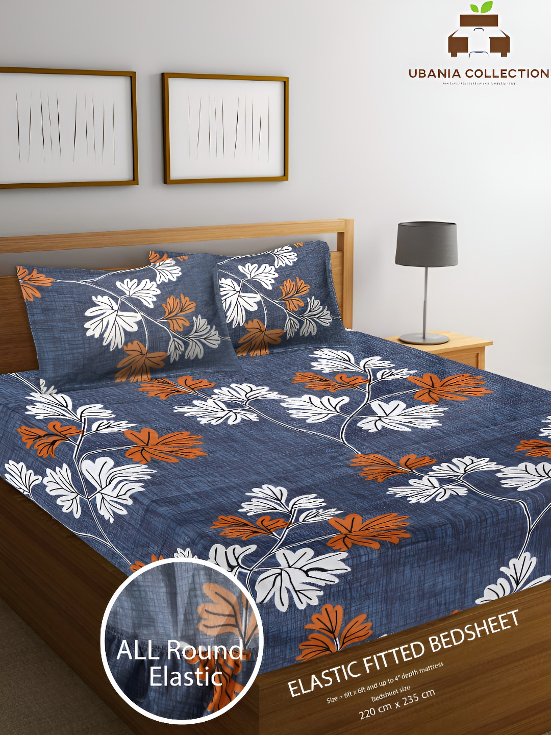 

UBANIA COLLECTION Blue Floral Cotton 144 TC Queen Fitted Bedsheet with 2 Pillow Covers