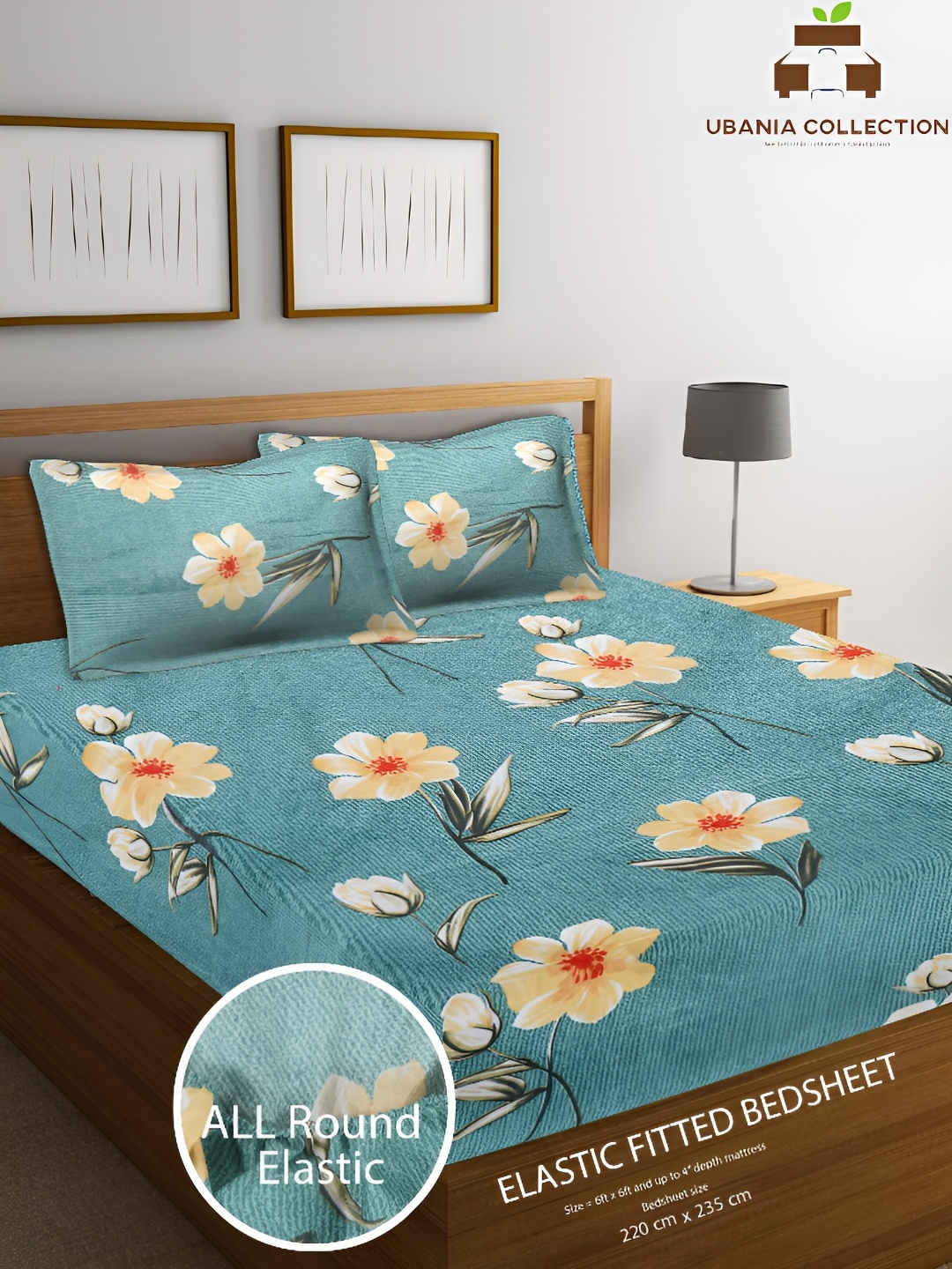 

UBANIA COLLECTION Green Floral Cotton 144 TC Queen Fitted Bedsheet with 2 Pillow Covers