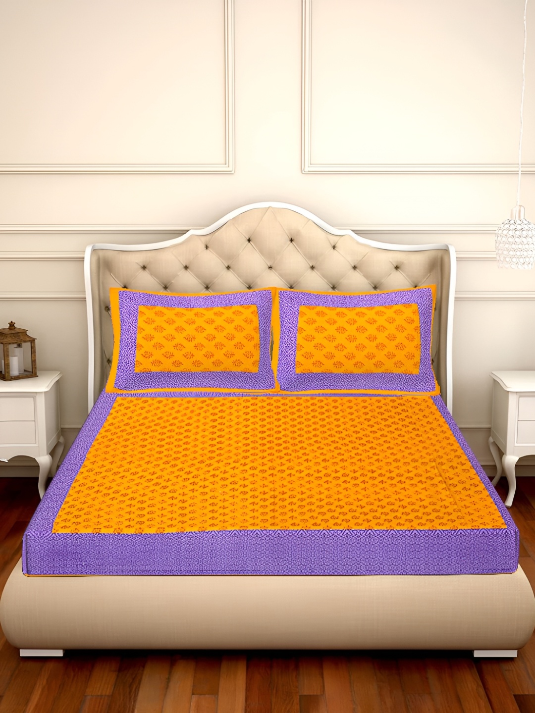 

UBANIA COLLECTION Yellow Printed Cotton 144 TC Queen Bedsheet With 2 Pillow Covers