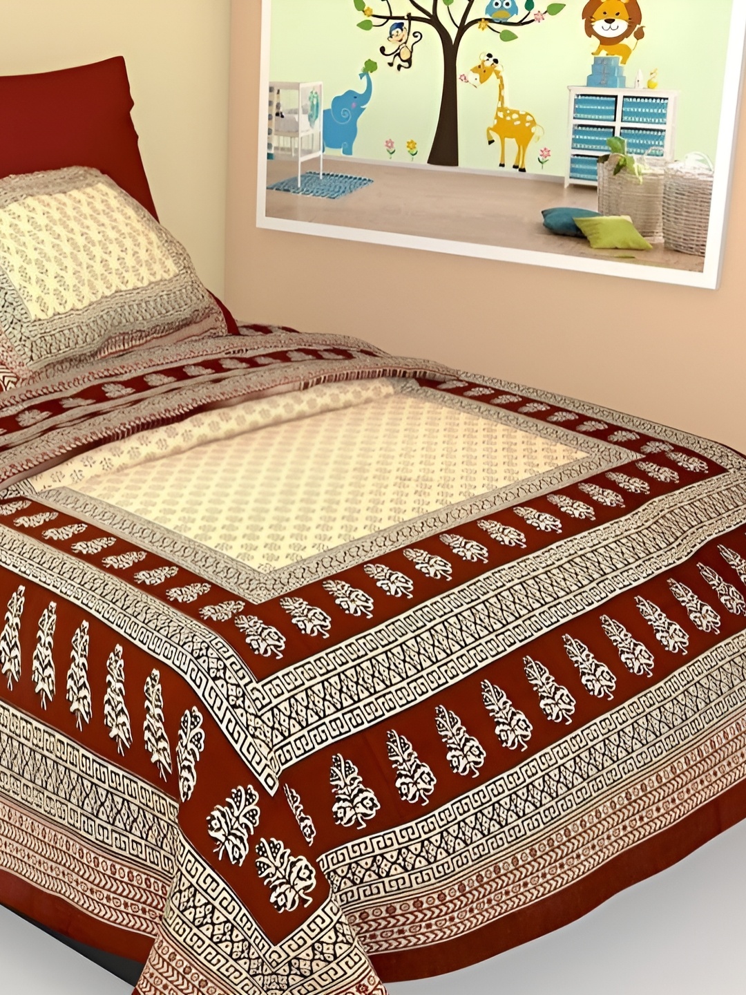 

UBANIA COLLECTION Maroon Floral Cotton 144 TC Single Bedsheet with Pillow Cover