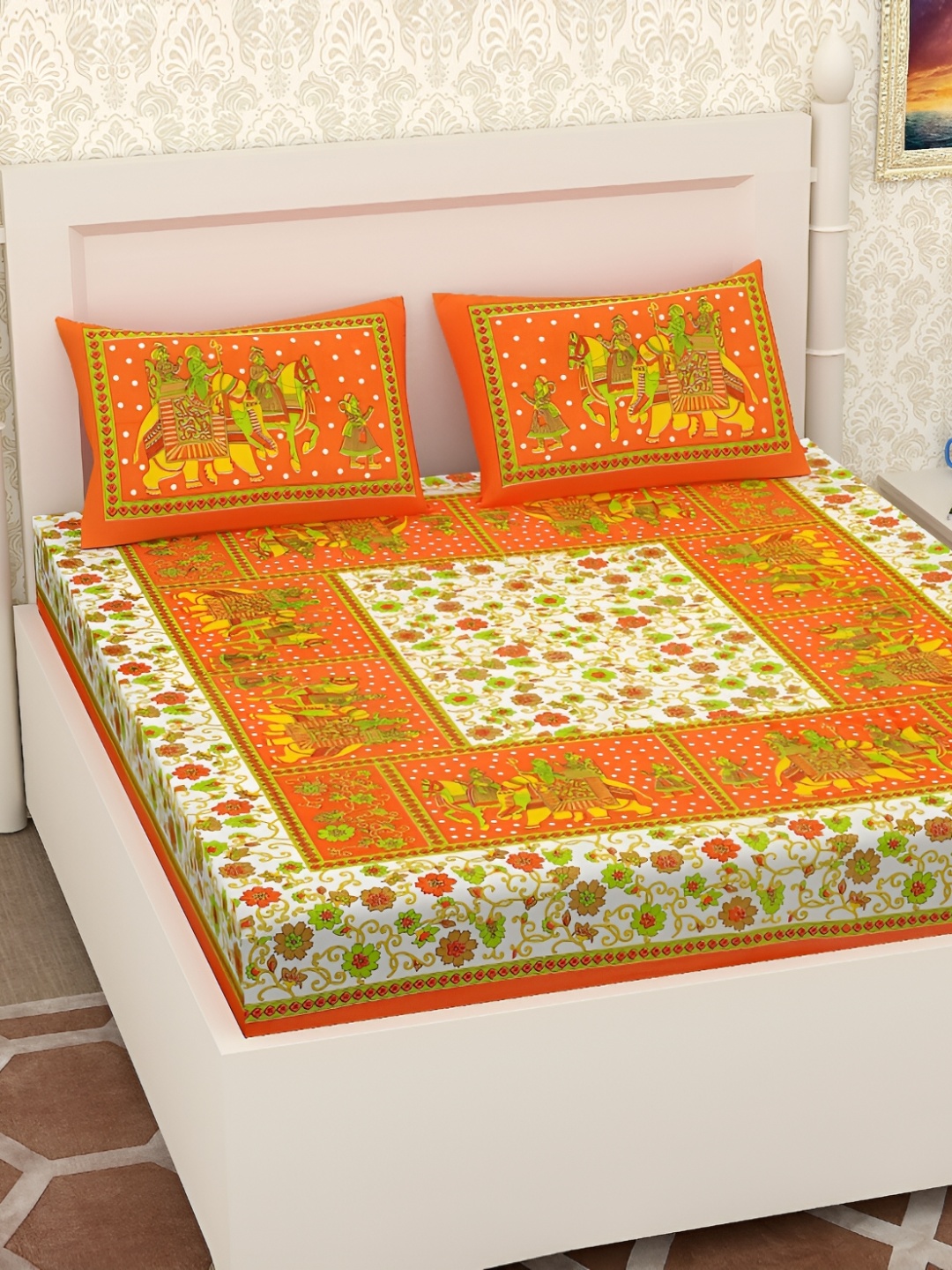 

UBANIA COLLECTION Orange Floral Cotton 144 TC Queen Bedsheet with 2 Pillow Covers