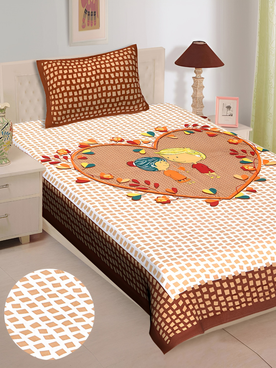 

UBANIA COLLECTION Brown Geometric Cotton 144 TC Single Bedsheet with Pillow Cover