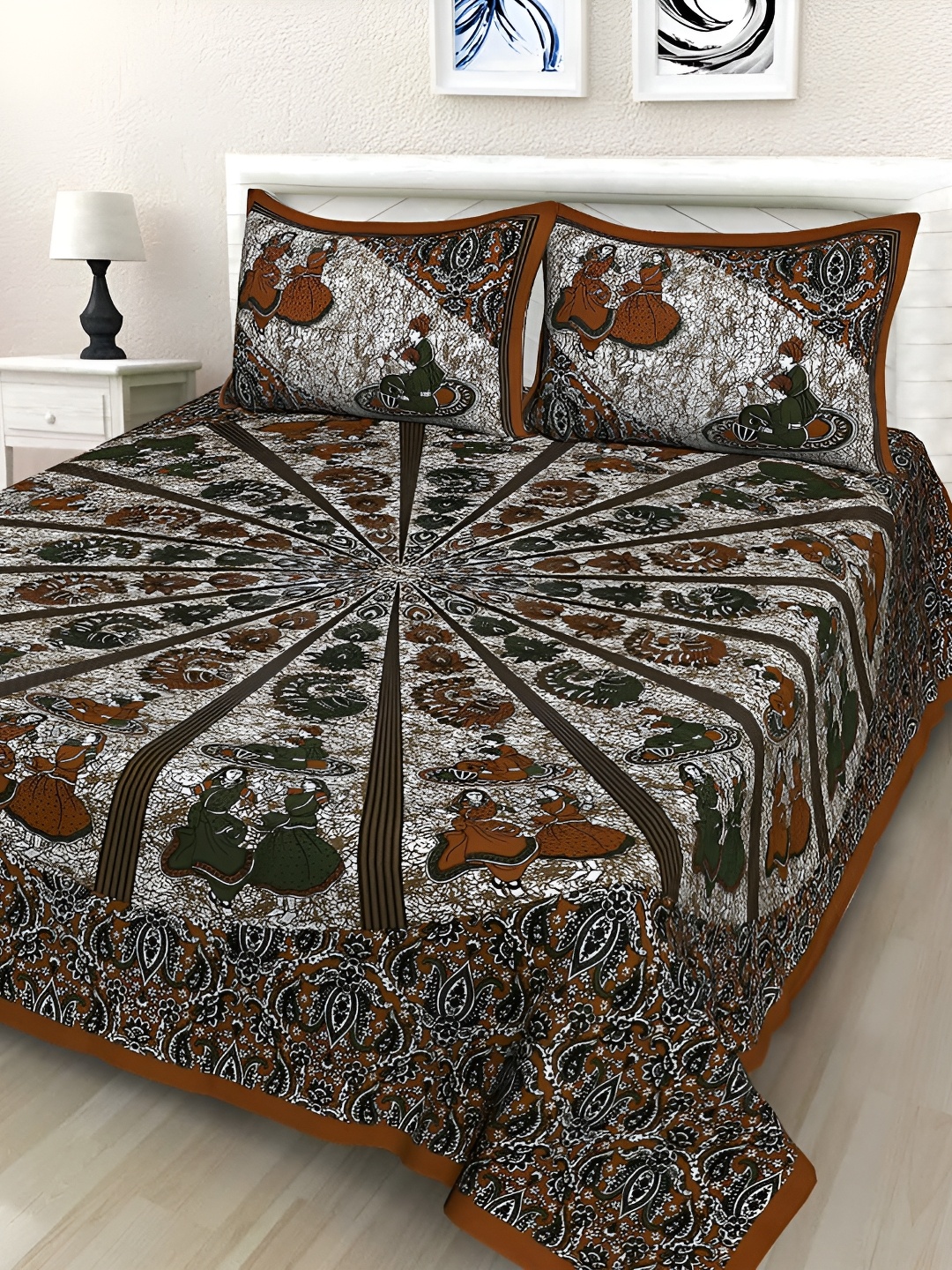 

UBANIA COLLECTION Brown Floral Cotton 144 TC Queen Bedsheet with 2 Pillow Covers